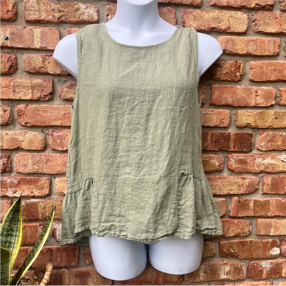 FRANCESCA BETTINI SAGE GREEN SLEEVELESS LINEN RUFFLE SUMMER SPRING TOP GUC ITALY